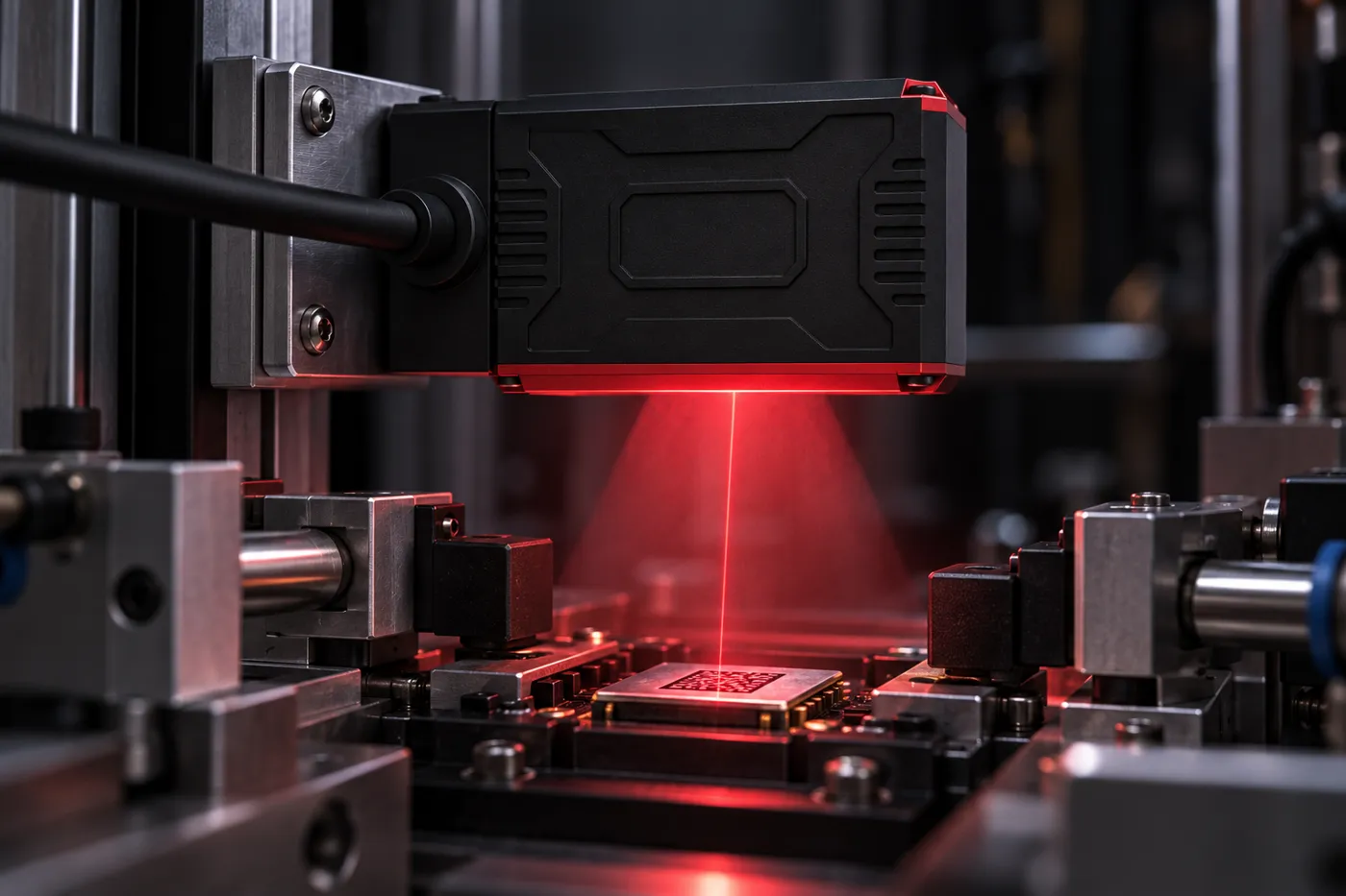 ReadCell VS95 in a test fixture, red light and laser aiming line on a module&#39;s code