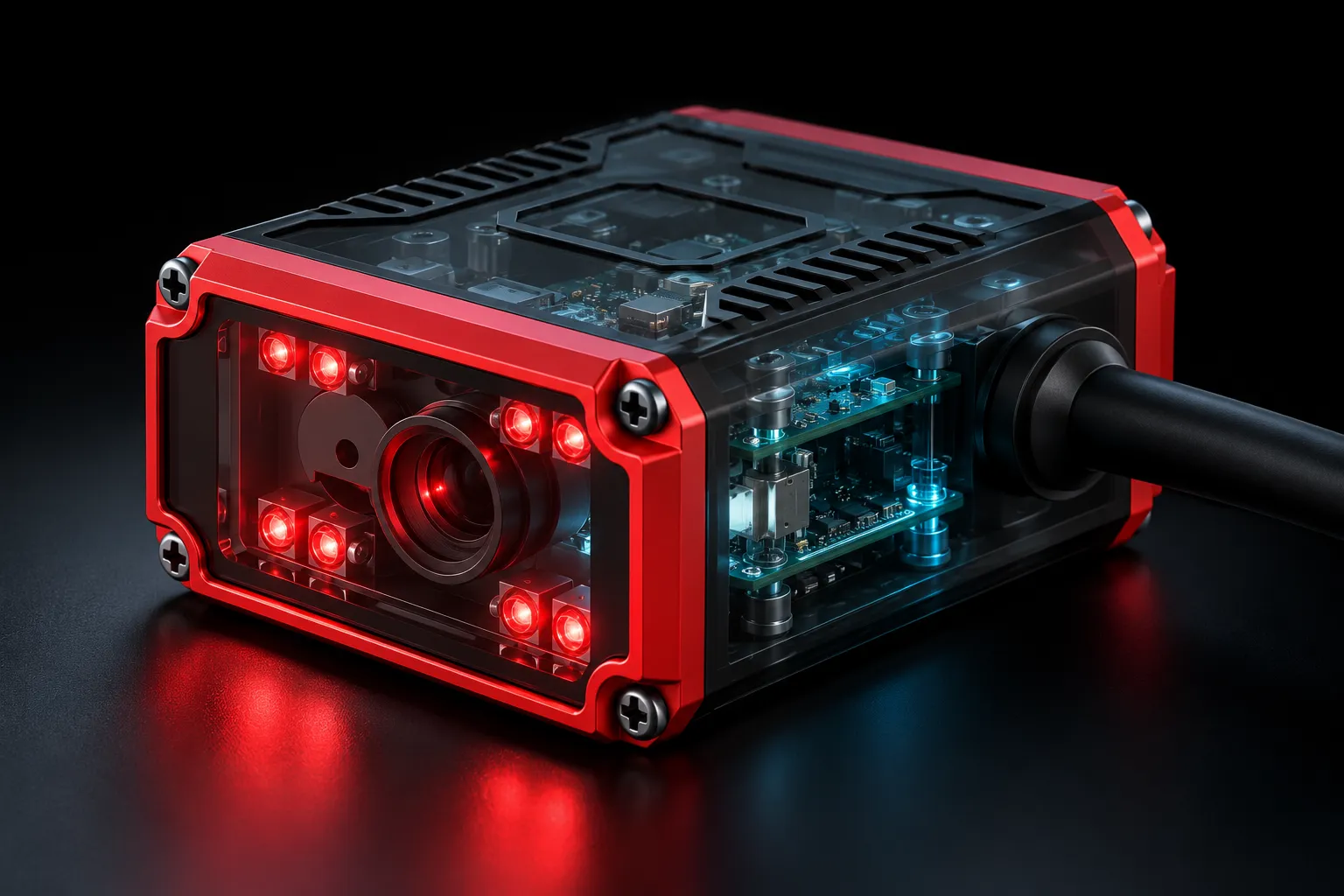See-through illustration of the ReadCell VS95: red LEDs and laser aimer around the lens, stacked boards behind
